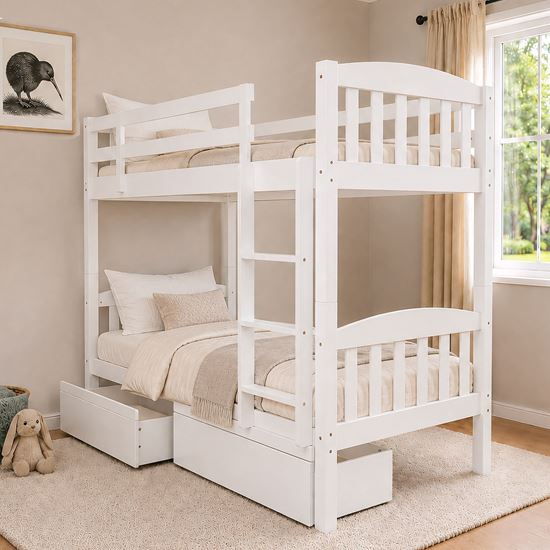 Picture of Miki Higher Solid Hardwood Single Bunk Bed with Drawers & 2 Pocket Spring Mattresses – White