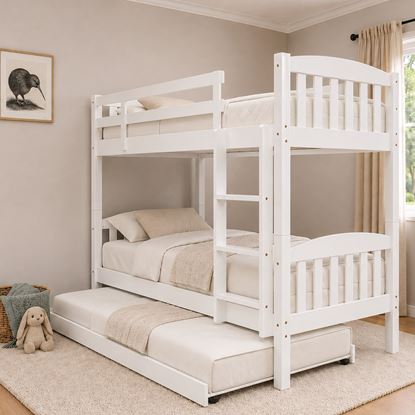 Picture of Miki Higher Solid Hardwood Single Bunk Bed with Trundle & 3 Pocket Spring Mattresses – White