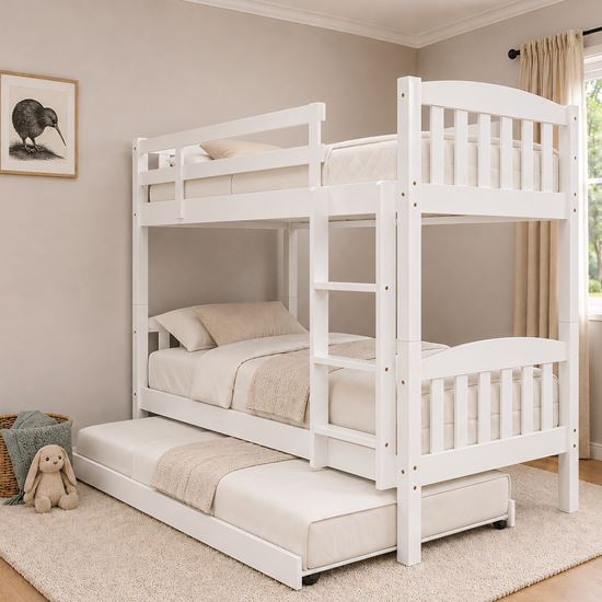 Picture of Miki Higher Solid Hardwood Single Bunk Bed with Trundle & 3 Pocket Spring Mattresses – White