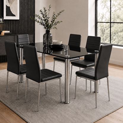 Picture of Melody / Mila 6-Seater Dining Set – 1300mm Black 10mm Tempered Glass Table, Black PU Leather Chairs, Chrome Legs