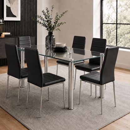 Picture of Melody / Mila 6-Seater Dining Set – 1500mm Clear 10mm Tempered Glass Table, Black PU Leather Chairs, Chrome Legs