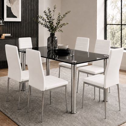 Picture of Melody / Mila 6-Seater Dining Set – 1300mm Black 10mm Tempered Glass Table, White PU Leather Chairs, Chrome Legs