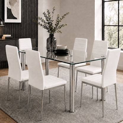 Picture of Melody / Mila 6-Seater Dining Set – 1500mm Clear 10mm Tempered Glass Table, White PU Leather Chairs, Chrome Legs