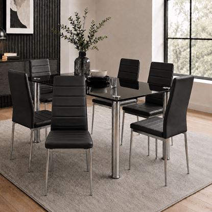 Picture of Melody / Mila 6-Seater Dining Set – 1500mm Black 10mm Tempered Glass Table, Black PU Leather Chairs, Chrome Legs
