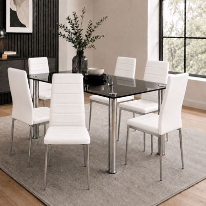 Picture of Melody / Mila 6-Seater Dining Set – 1500mm Black 10mm Tempered Glass Table, White PU Leather Chairs, Chrome Legs