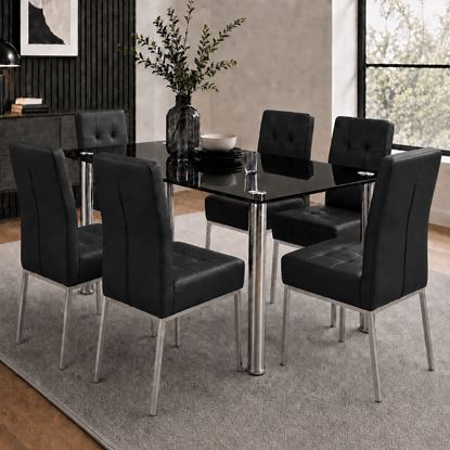 Picture of Melody / Nobel 6-Seater Dining Set – 1500mm Black 10mm Tempered Glass Table, Black PU Leather Chairs, Chrome Legs