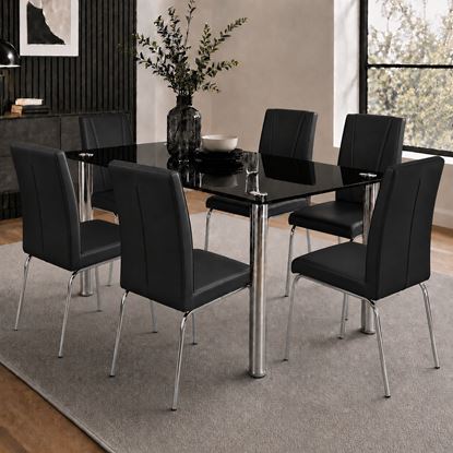 Picture of Melody Dining Table Black Glass 1.5X0.9m with 6 Black Leo Dining Chair