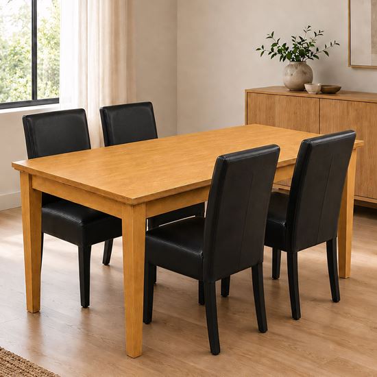 Picture of Alba / Zoe 4-Seater Dining Set, 1500mm Wooden Slab Table in Beech Colour with Black PU Leather Chairs