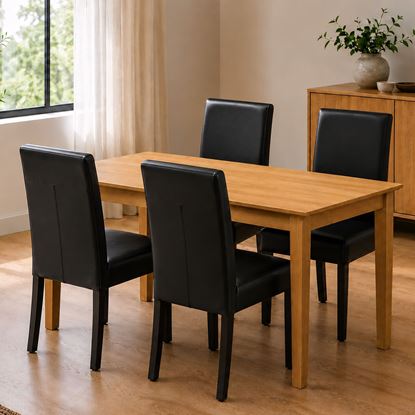 Picture of Alba / Zoe 4-Seater Dining Set, 1200mm Wooden Slab Table in Beech Colour with Black PU Leather Chairs