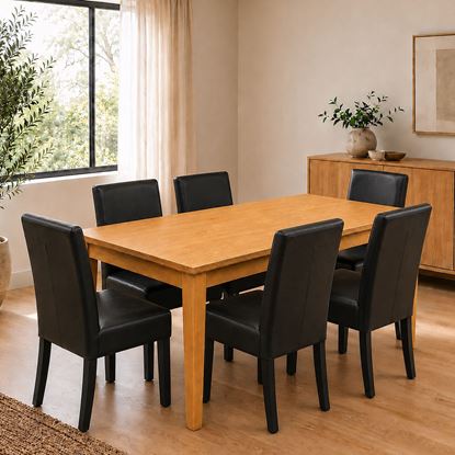 Picture of Alba / Zoe 6-Seater Dining Set, 1500mm Wooden Slab Table in Beech Colour with Black PU Leather Chairs