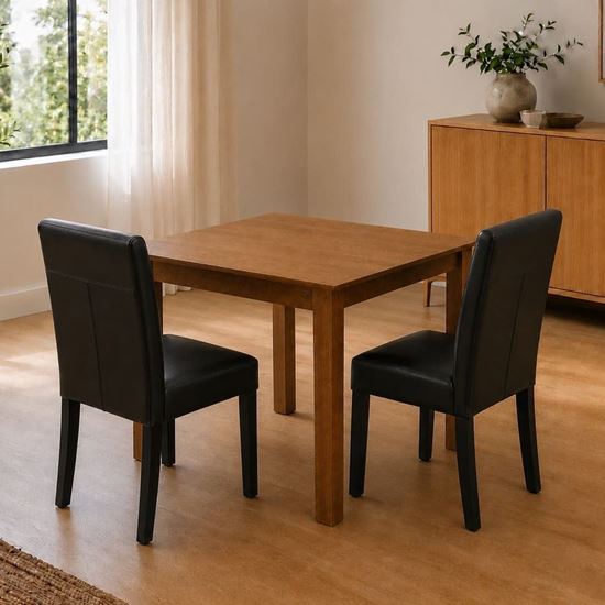 Picture of Alba / Zoe 2-Seater Dining Set – 900mm Walnut Colour Wooden Table with 2 Black PU Leather Dining Chairs