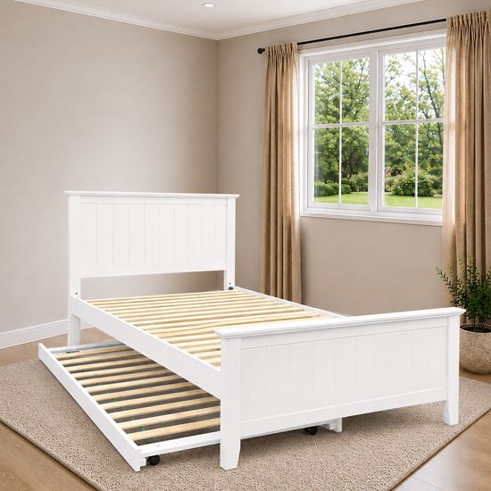 Picture of Eddie Solid Hardwood King Single Bed with Pull-Out Trundle – White