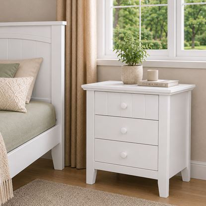 Picture of Ivy 3 Drawer Bedside Table White – Wooden Knobs, Fully Assembled (22.5 kg)