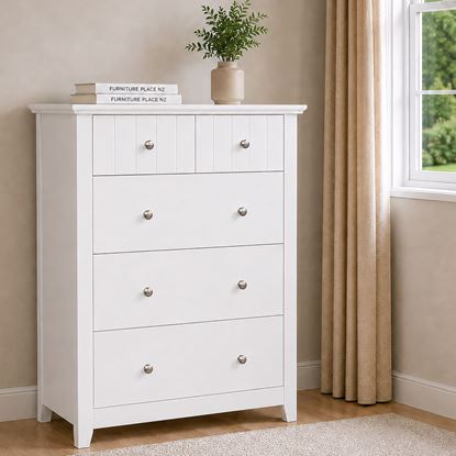 Picture of Ivy White 5-Drawer Tallboy – Metal Knobs, Fully Assembled (65 kg)
