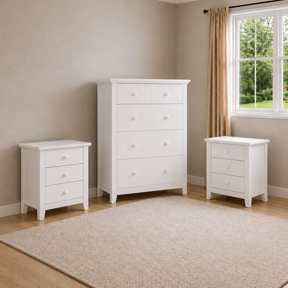 Picture of Ivy White 5-Drawer Tallboy + Two 3-Drawer Bedside Tables – Wooden Knobs, Fully Assembled (110 kg)