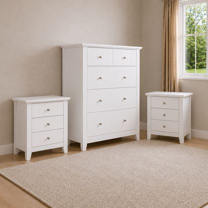 Picture of Ivy White 5-Drawer Tallboy + Two 3-Drawer Bedside Tables – Metal Knobs, Fully Assembled (110 kg)